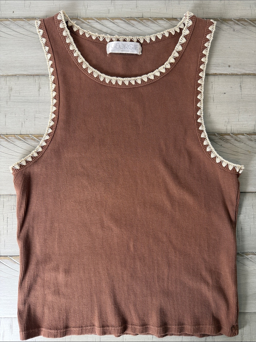 Georgie Ribbed Tank Top in Mauve Brown with Cream Trim Size Medium EUC